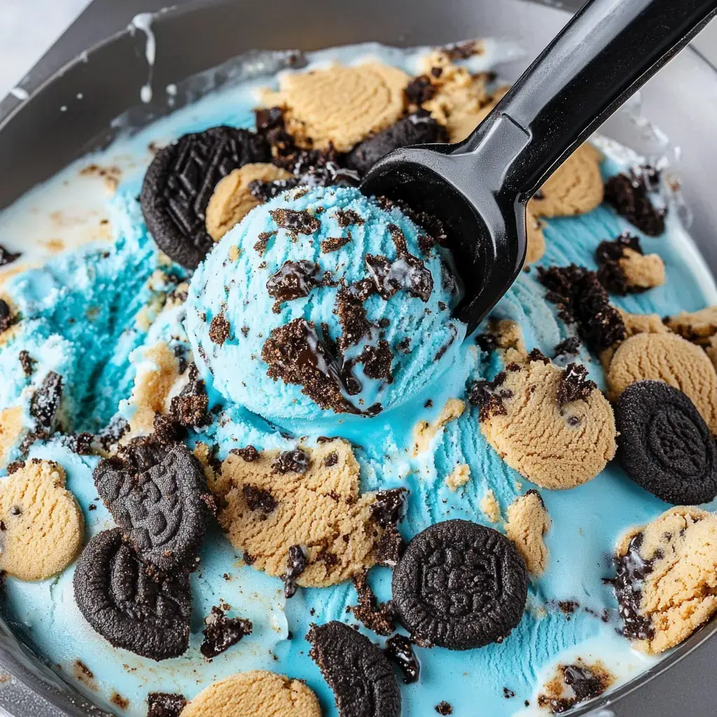 Un plan rapproché d'une boule de glace bleue garnie de morceaux de cookies et d'éclats de chocolat dans un récipient en métal.