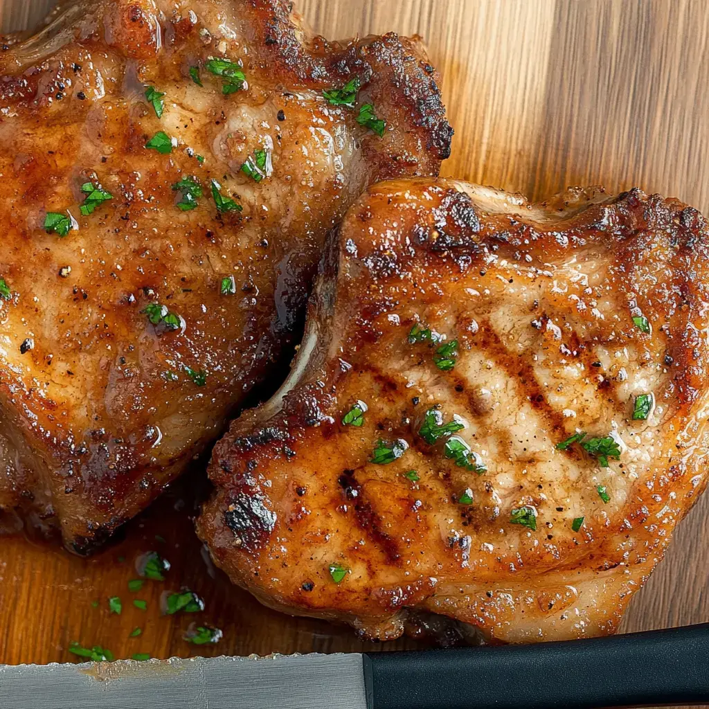 Deux côtes de porc grillées servies sur une planche en bois avec du persil haché en garniture.