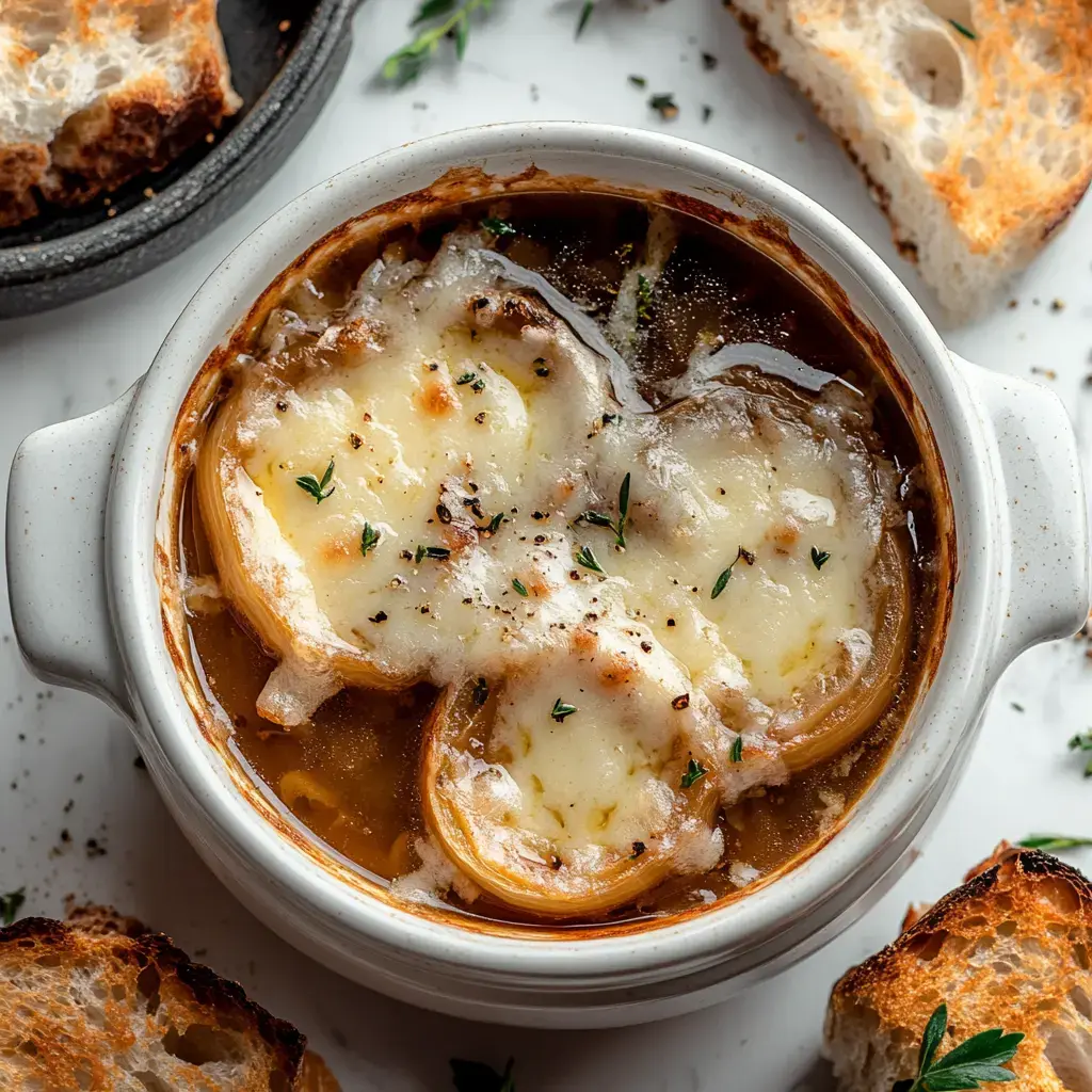 Un bol de soupe à l'oignon avec une croûte de fromage fondant, garni de thym, accompagné de tranches de pain grillé.