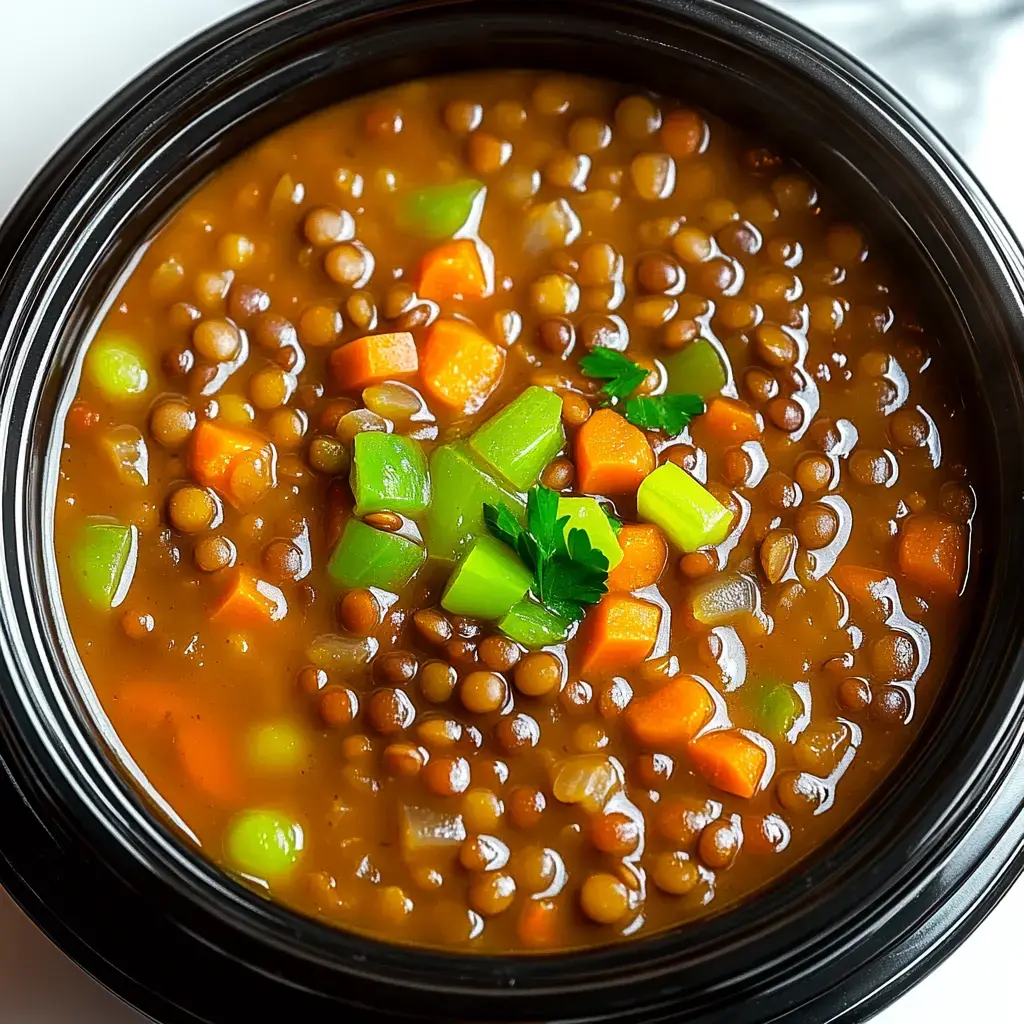 Un bol noir rempli de soupe aux lentilles, avec des poivrons verts, des carottes, et garni de persil.