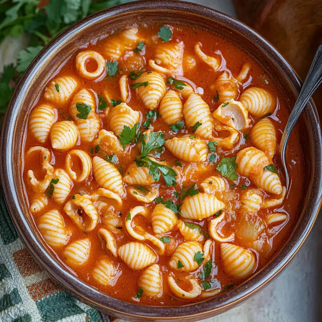 Un bol de pâtes nappées d'une sauce tomate riche, décoré avec du persil frais.