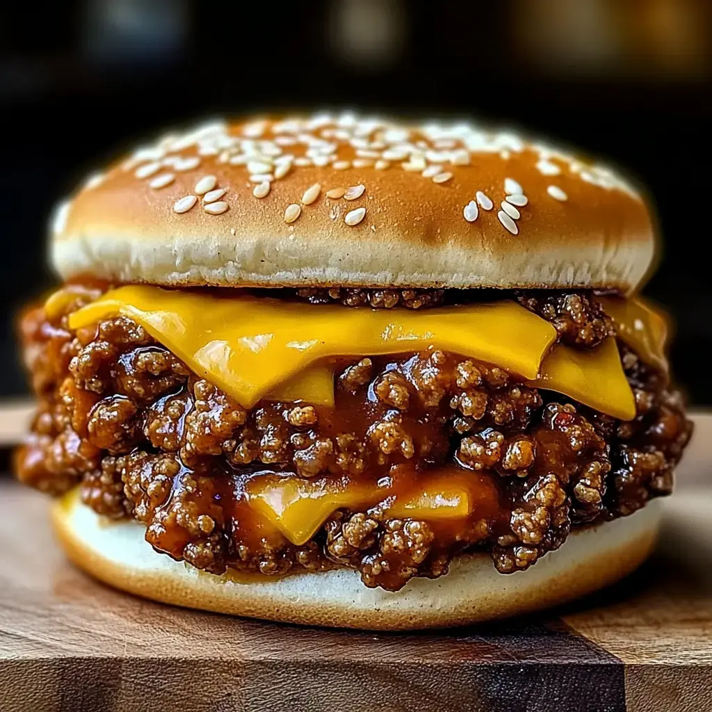Un gros plan sur un cheeseburger avec un pain aux graines de sésame, deux tranches de fromage fondu et une généreuse portion de viande hachée dans une sauce savoureuse.