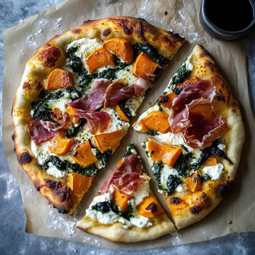 Une pizza prête à déguster avec ricotta, courge, kale et tranches de jambon, avec quelques parts disposées sur du papier parchemin.