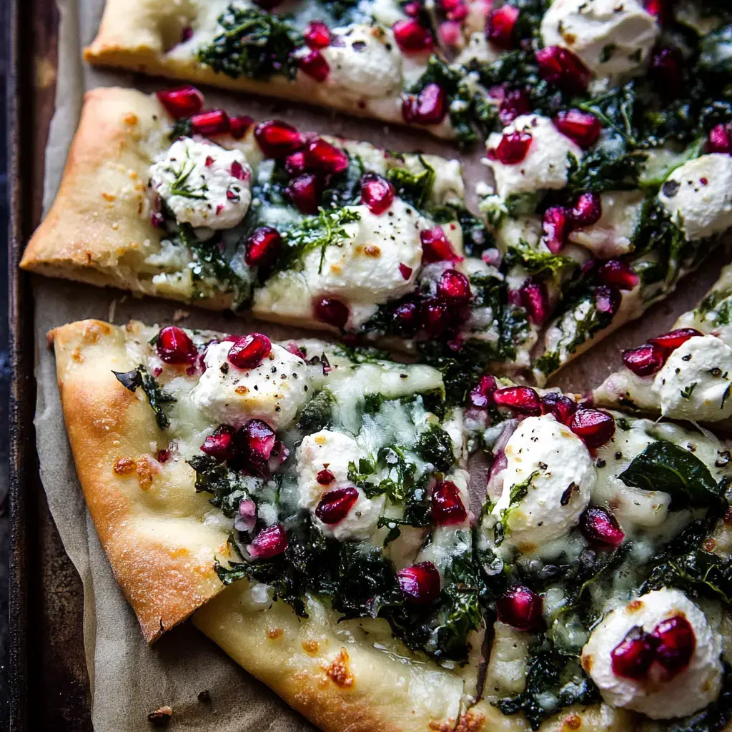 Gros plan sur une pizza garnie de fromage fondu, de chou et de graines de grenade.