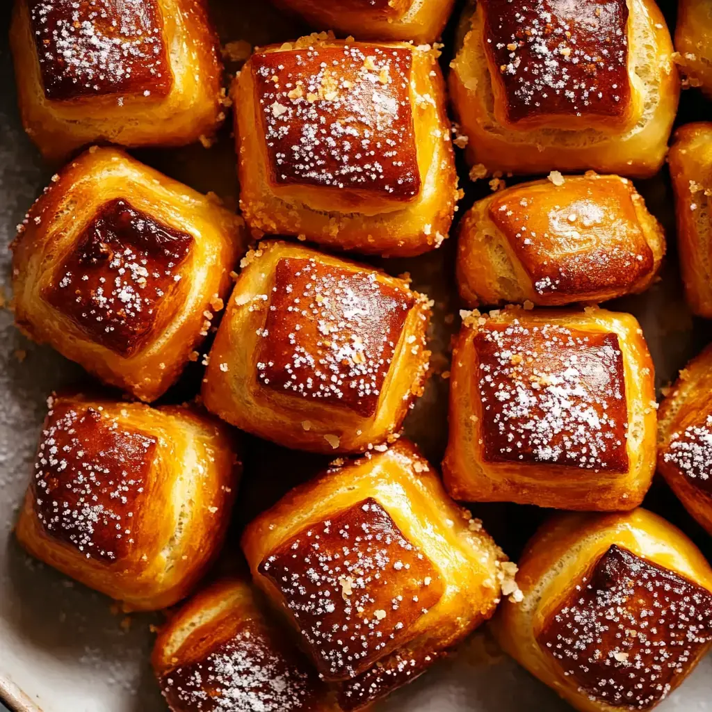 Un plan rapproché de bouchées dorées et carrées saupoudrées de sucre glace.