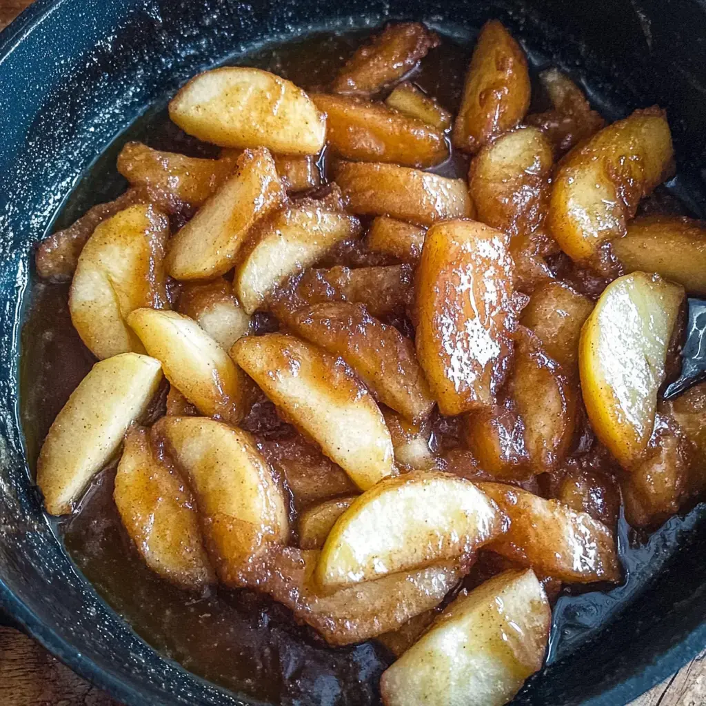 Un gros plan de tranches de pommes caramélisées, nappées de sauce brillante, servies dans une poêle sombre.