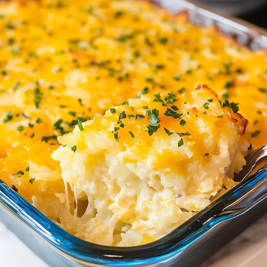 Un plat gratiné doré sur le dessus avec des herbes vertes, une part découpée révélant sa texture crémeuse et fromagée.