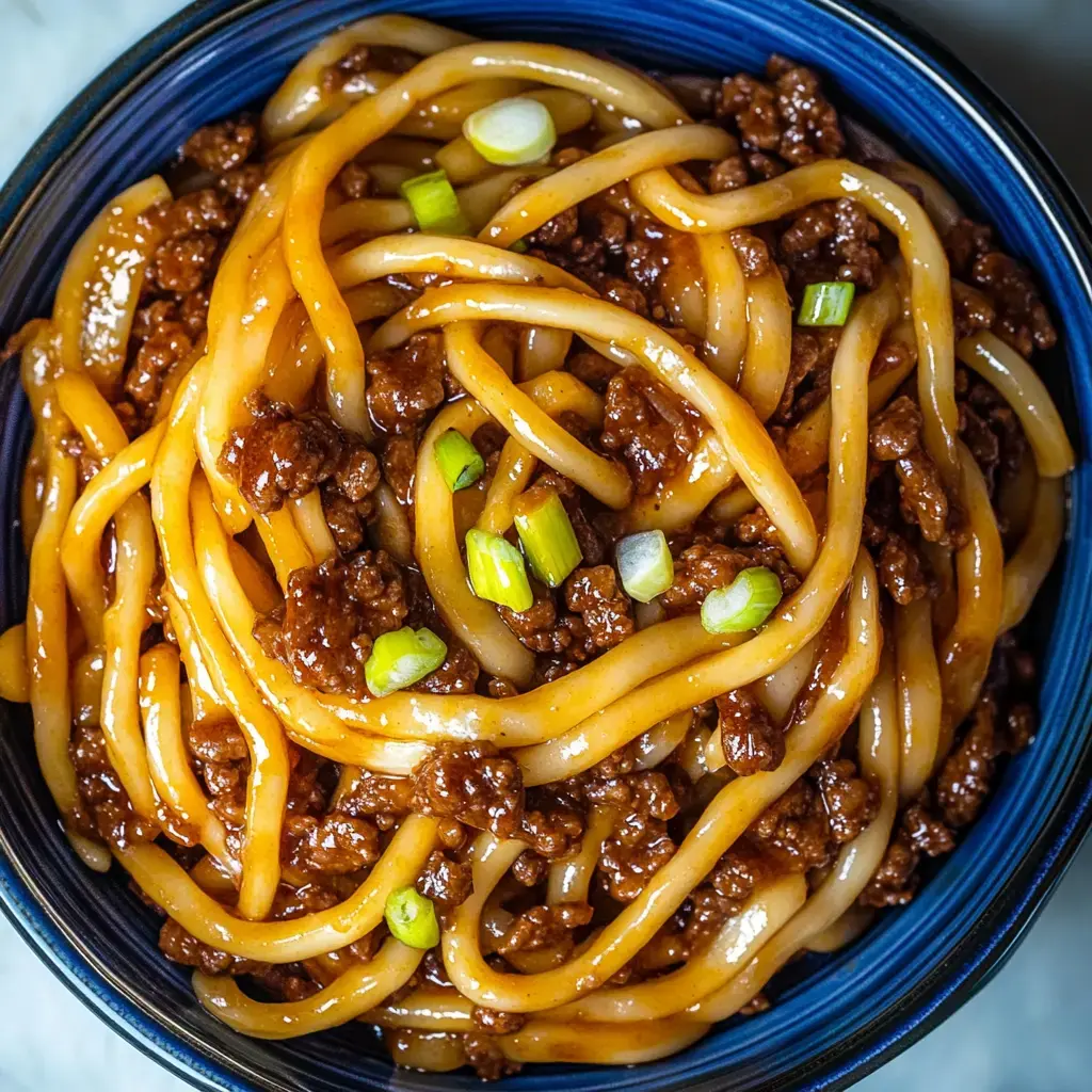 Un gros plan d'un bol rempli de nouilles épaisses mélangées avec de la viande hachée, garnies d’oignons verts.