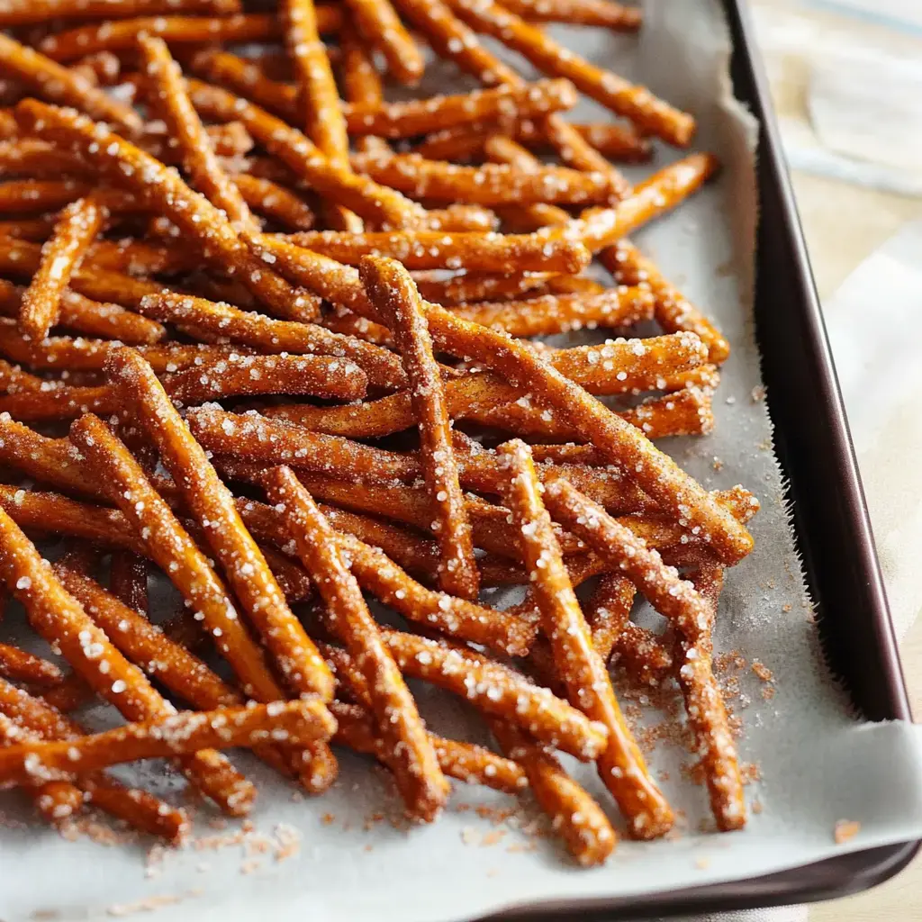Un gros plan de fins bâtonnets de pretzels croustillants légèrement saupoudrés de sel, disposés sur une plaque recouverte de papier sulfurisé.