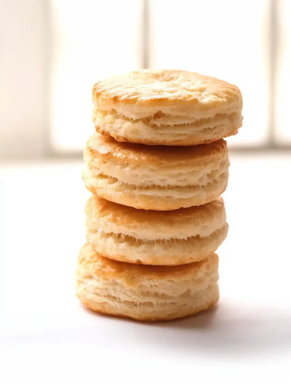 Une pile de quatre biscuits fraîchement cuits repose sur une surface claire avec un éclairage naturel doux en arrière-plan.
