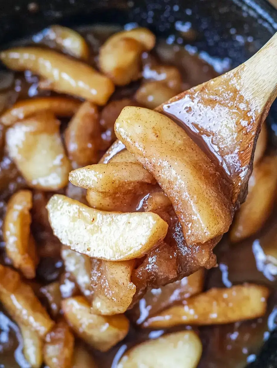 Une cuillère en bois contient une portion de tranches de pommes cuites épicées à la cannelle dans une sauce foncée, avec d'autres tranches de pommes visibles en arrière-plan.