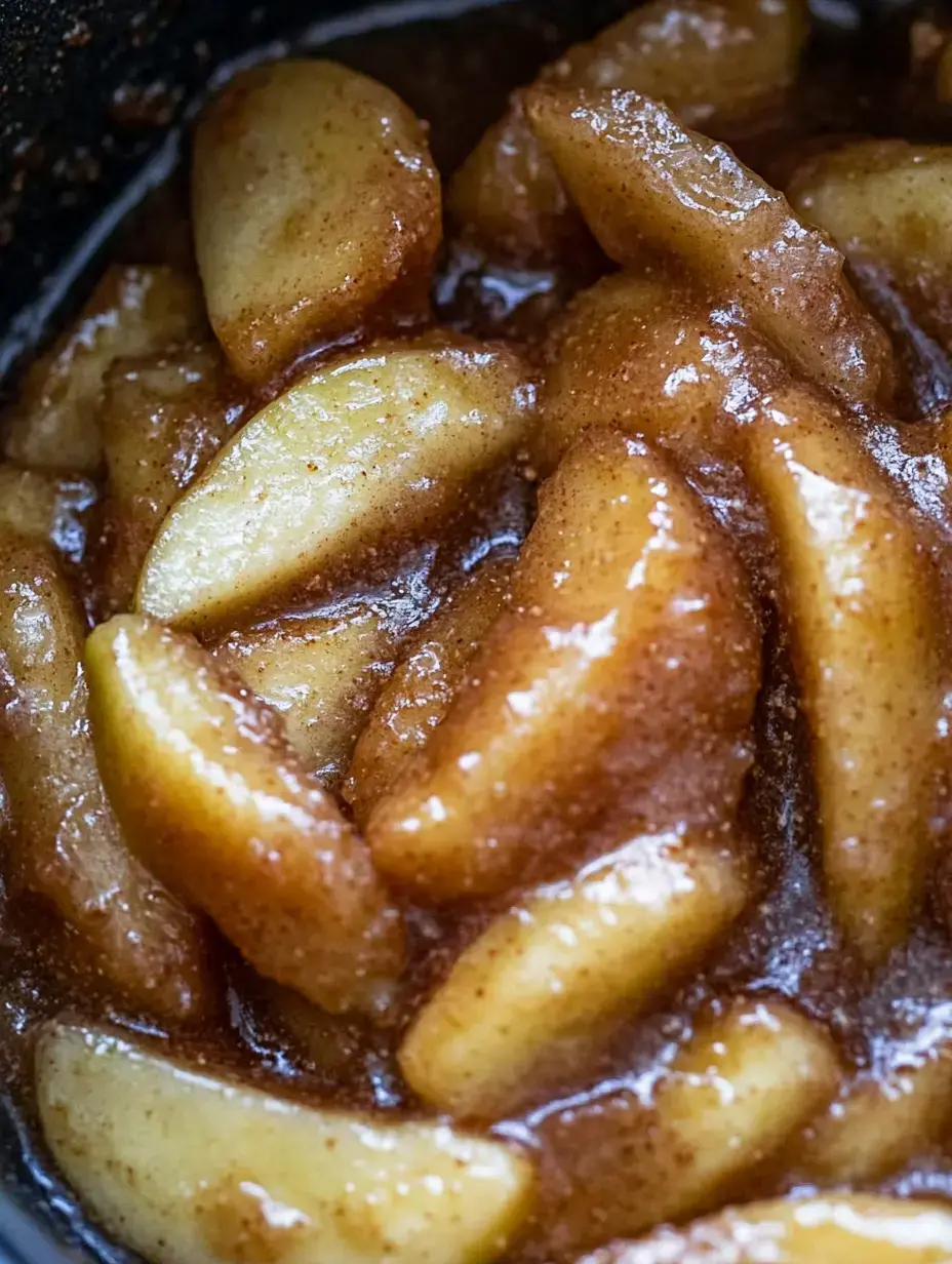Un gros plan de pommes à la cannelle cuites dans une sauce brune brillante.