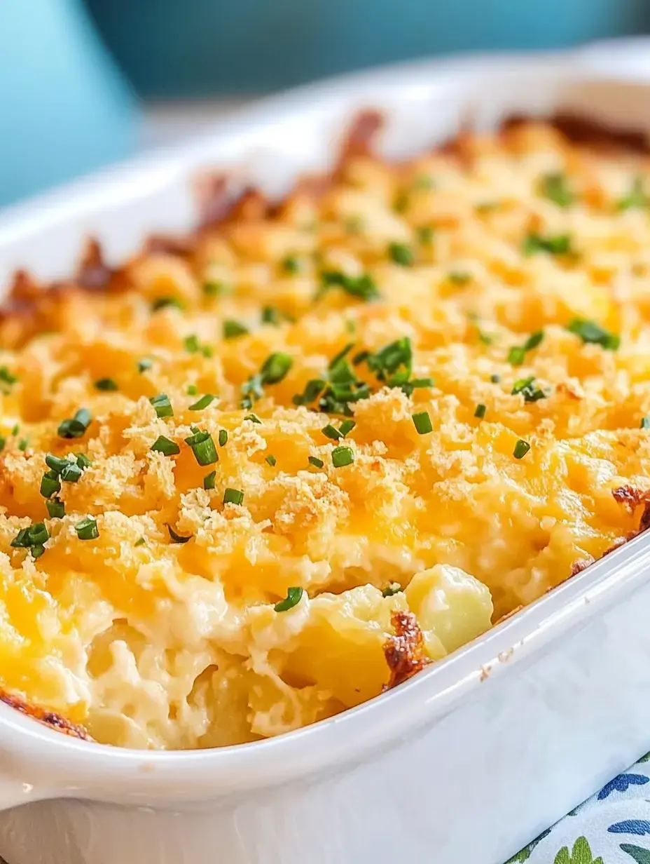 Gros plan d'un plat cuit au four recouvert de chapelure dorée et de ciboulette, montrant des pâtes crémeuses et une couche de fromage croustillante.
