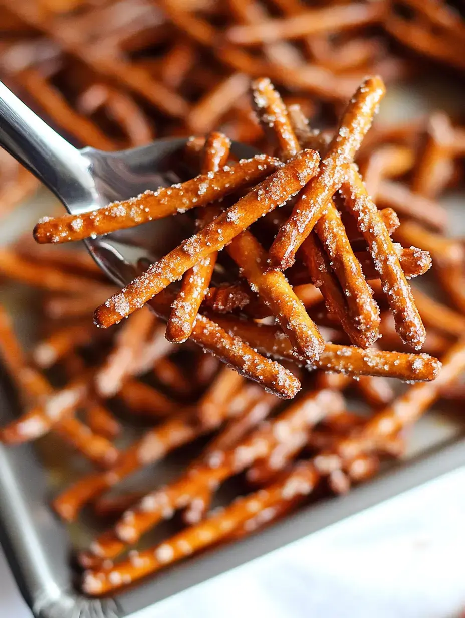 Une cuillère soulève une poignée de bâtonnets de bretzels dorés et salés d'un plateau rempli de plus de bretzels.