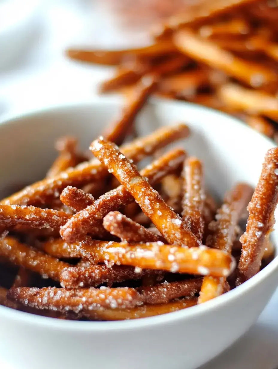 Gros plan d'un bol rempli de bâtonnets de bretzels croquants enrobés de sucre.