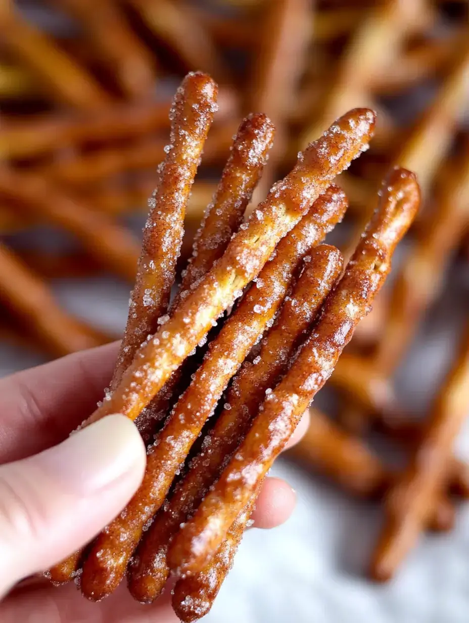 Une main tient plusieurs bâtonnets de bretzels dorés et salés sur un arrière-plan flou de plus de bretzels.