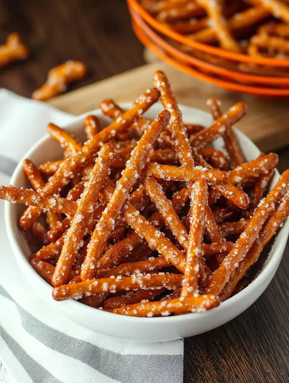 Gros plan d'un bol blanc rempli de bâtonnets de bretzels croquants et salés sur une surface en bois.