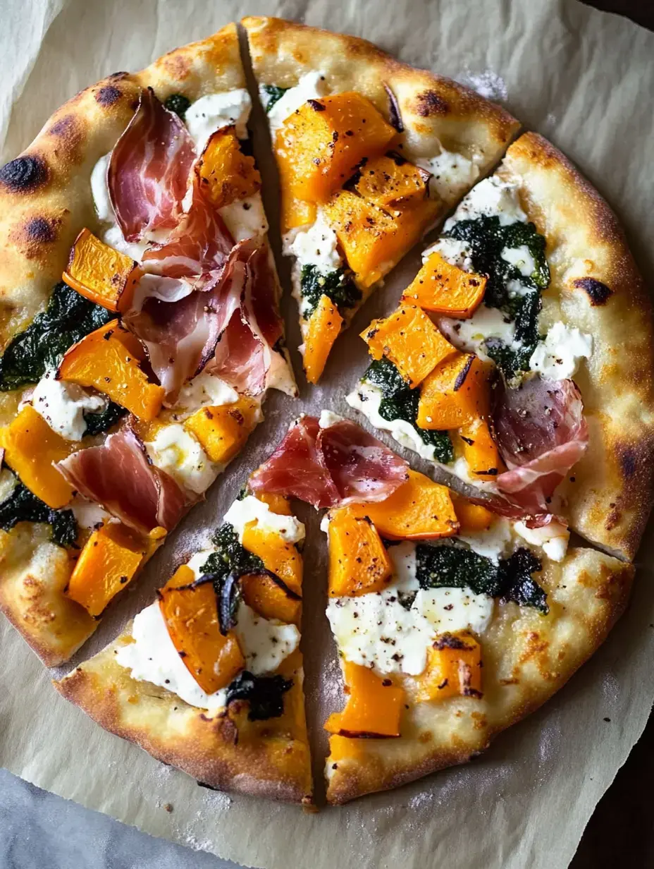 Une pizza coupée recouverte de morceaux de courge rôtie, légumes verts, fromage frais et jambon cru sur papier cuisson.