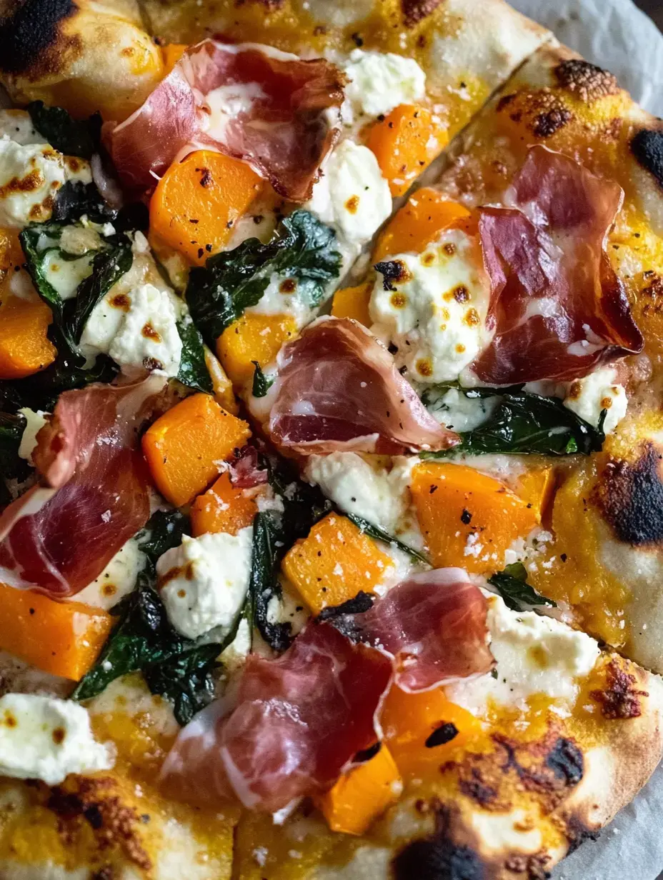 Zoom sur une pizza gourmet avec quartiers de courge, pousses d’épinard, points de fromage frais et fines tranches de jambon cru sur une pâte fine et croquante.