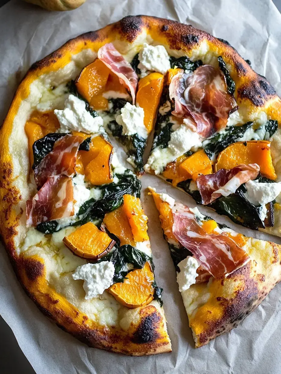 Une pizza tout juste sortie du four, recouverte de courge, jambon cru, fromage frais et légumes flétris, avec une part déjà coupée.