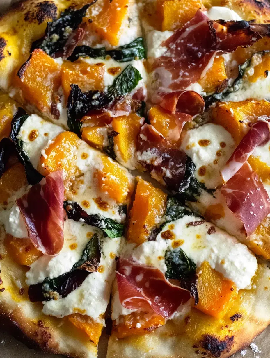 Pizza tout juste sortie du four garnie de courge, fromage frais, épinards et tranches de jambon cru.