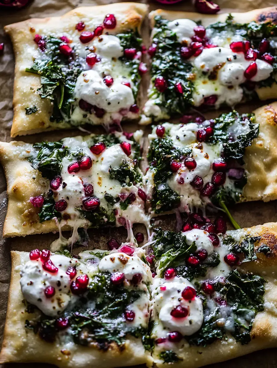 Une pizza bien dorée couverte de fromage fondu, de chou vert et de graines de grenade, découpée sur une feuille de papier cuisson.