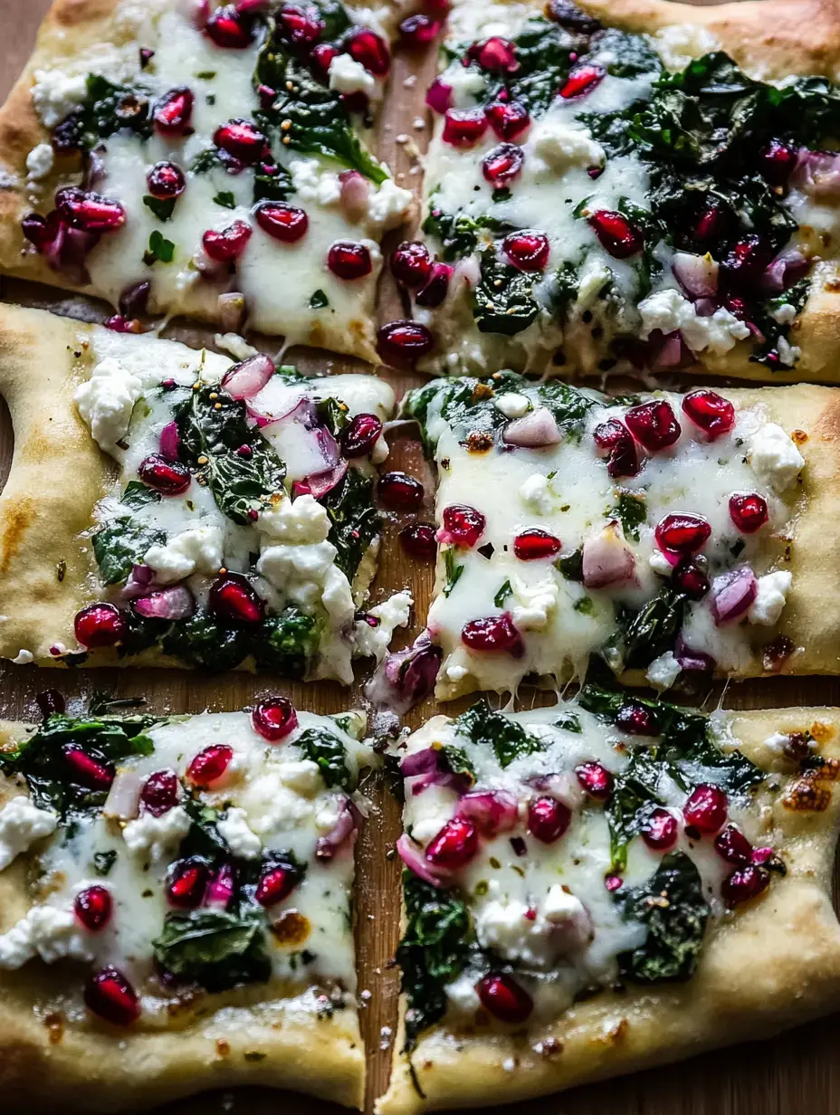 Vue rapprochée d'une pizza découpée couverte de fromage fondu, épinards, graines de grenade et oignon émincé sur fond bois.