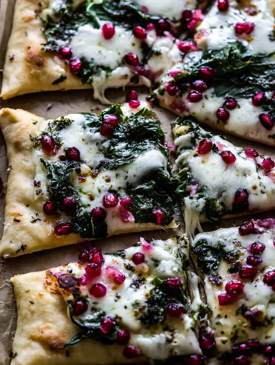 Vue rapprochée d'une part de pizza aux épinards, grains de grenade et fromage fondu, coupée sur du papier cuisson.