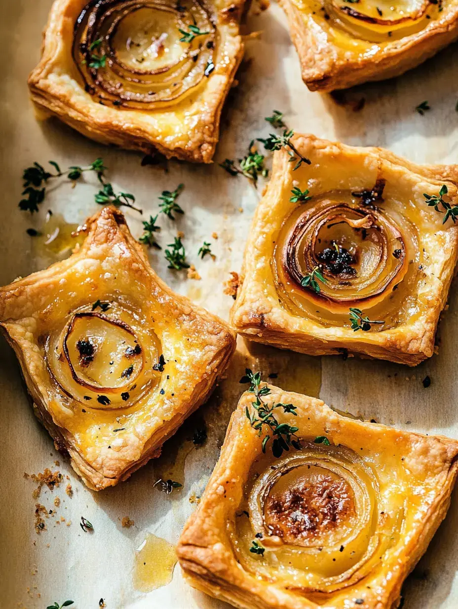Une assiette de carrés de pâte feuilletée garnis d'oignons caramélisés et de branches de thym frais.