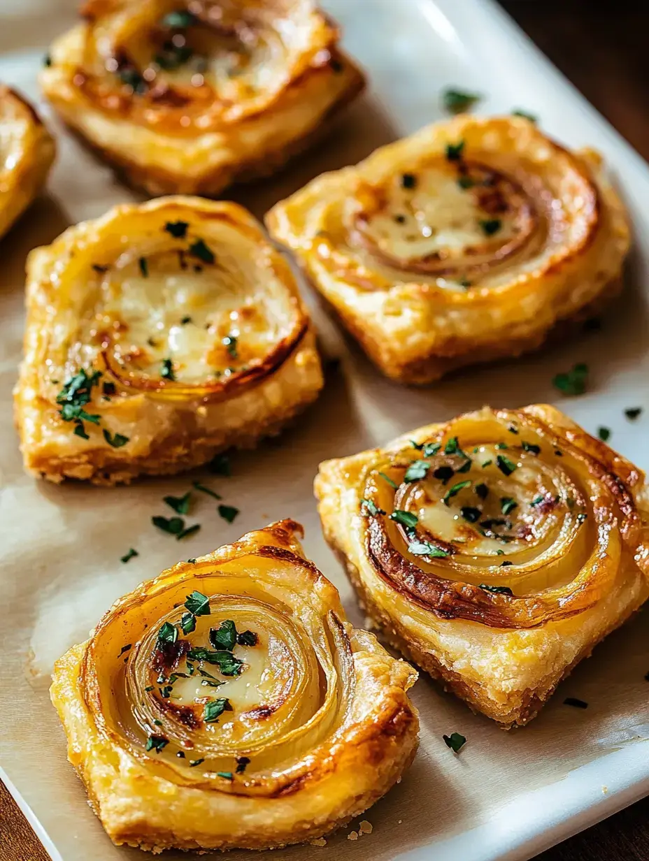Zoom sur des carrés feuilletés dorés garnis de spirales d’oignon caramélisé et saupoudrés d’herbes fraîches.