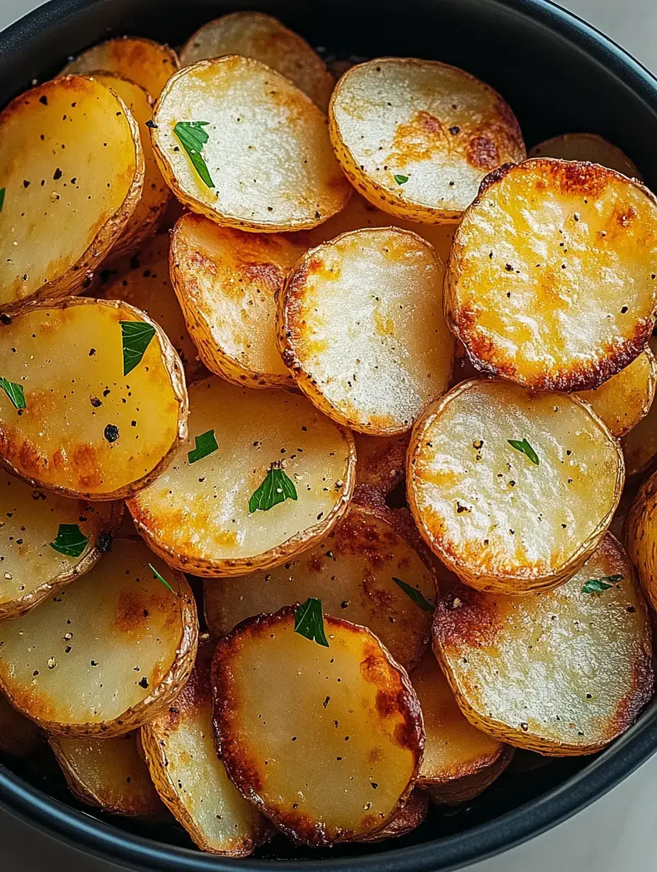 Gros plan sur des tranches de pommes de terre dorées garnies de persil et poivre noir dans un bol noir.