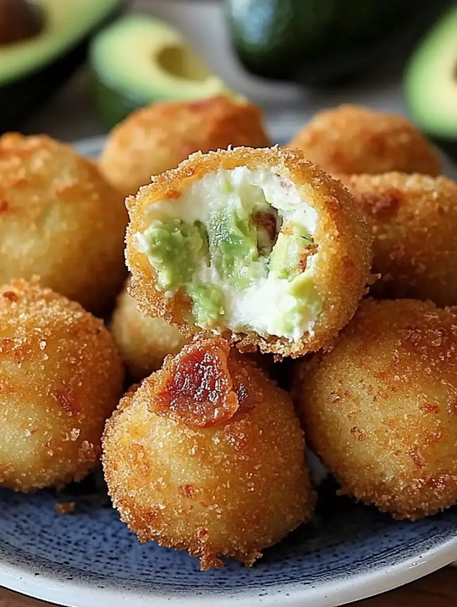Une assiette de bouchées dorées fourrées à la crème d’avocat et fromage, dont une ouverte laisse voir l'intérieur vert.