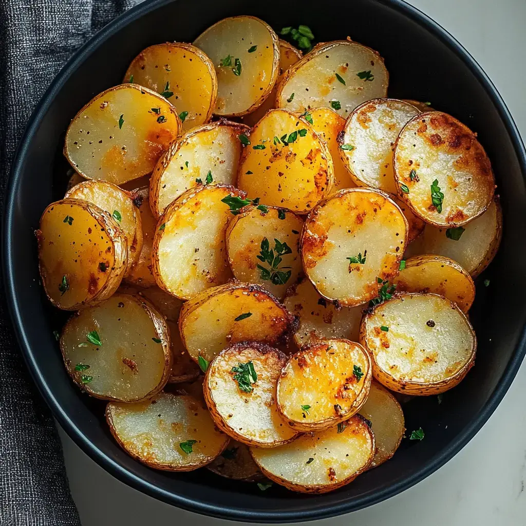 Un bol noir rempli de tranches de pommes de terre dorées et croustillantes, garnies d'herbes fraîches.