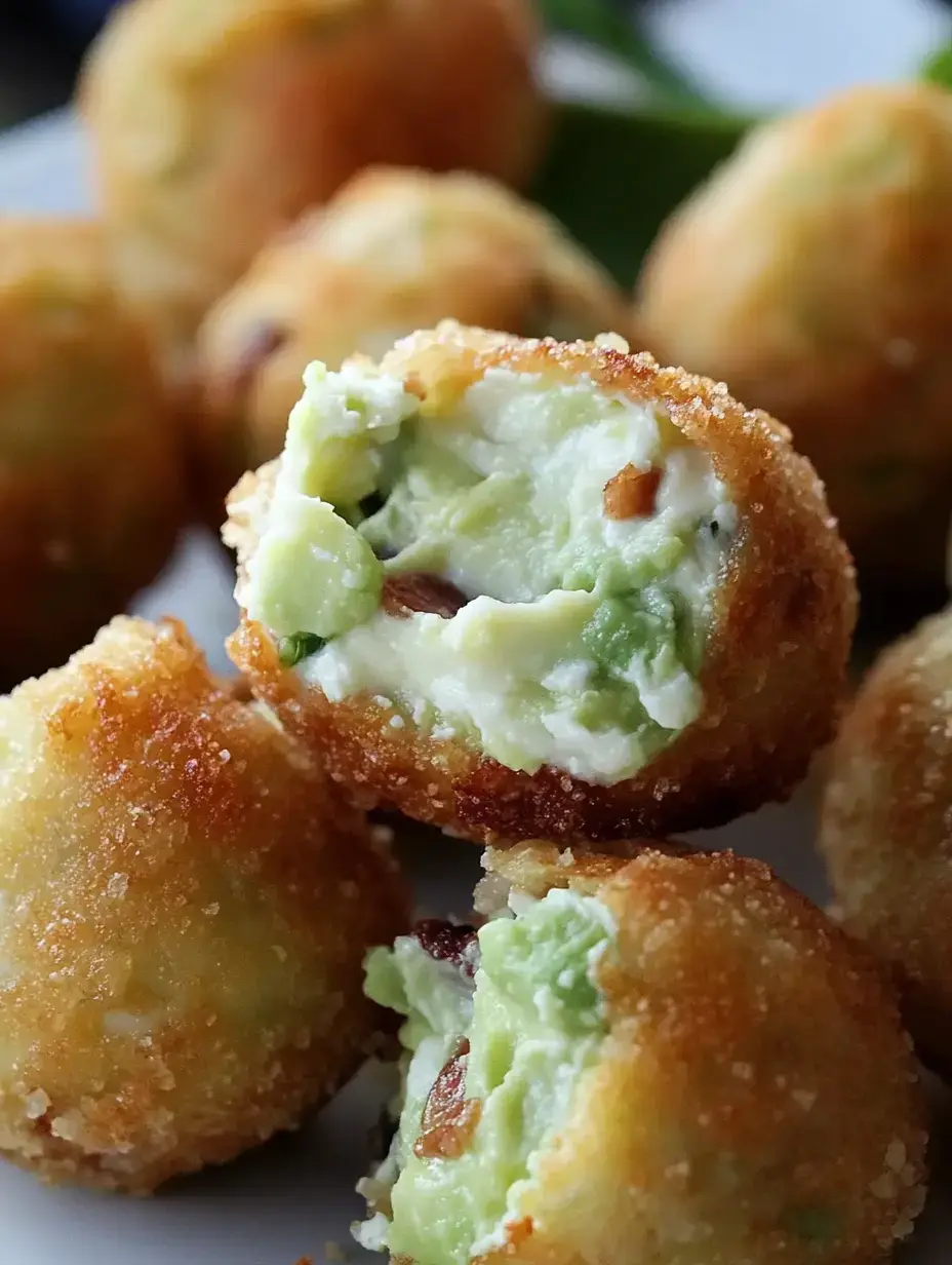 Zoom sur des boulettes dorées à la farce verte crémeuse, certaines entamées pour dévoiler l'intérieur.