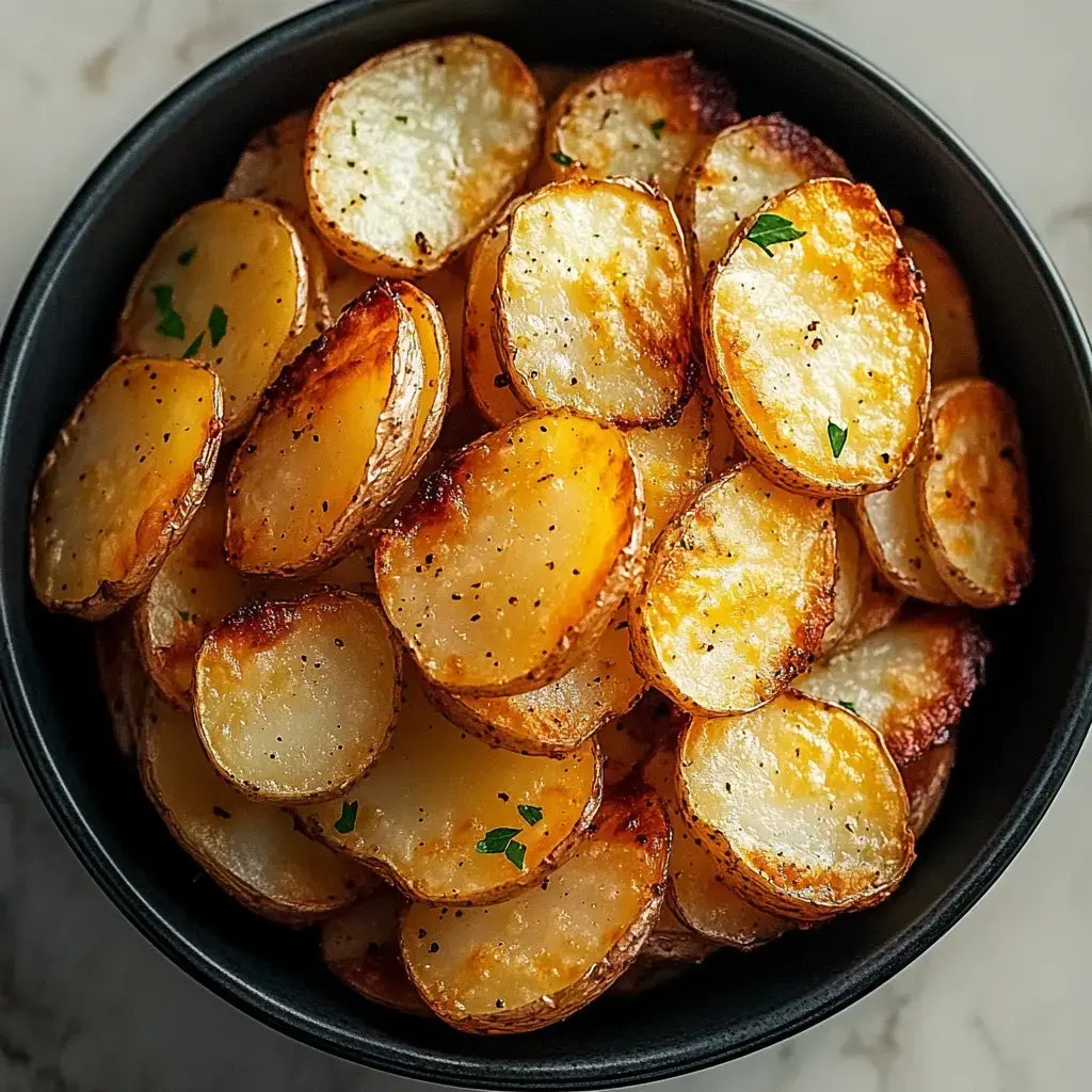 Un bol de tranches de pommes de terre dorées et croustillantes garnies de persil.