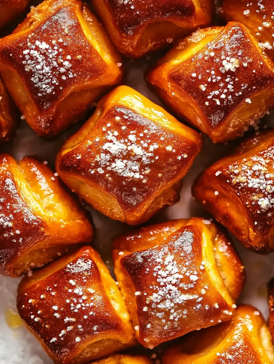 Une vue rapprochée de petites pâtisseries dorées parsemées de sucre glace.