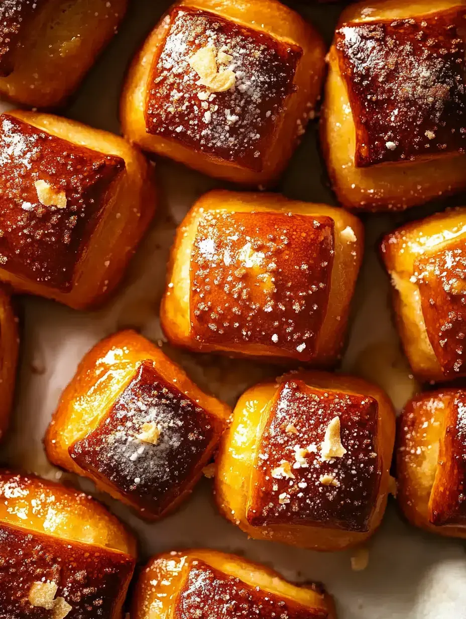 Des pâtisseries carrées dorées, croûte caramélisée, un peu de sucre glace dessus.