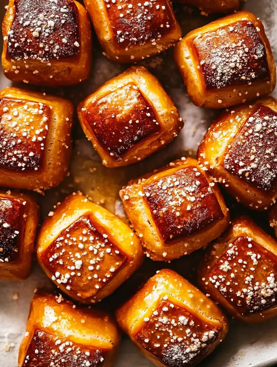 Petites pâtisseries carrées bien dorées et recouvertes d’un peu de sucre glace.