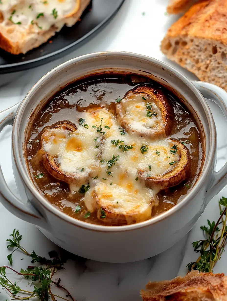 Un bol de soupe à l'oignon gratinée garnie de fromage fondu et d'herbes, accompagnée de pain grillé sur le côté.