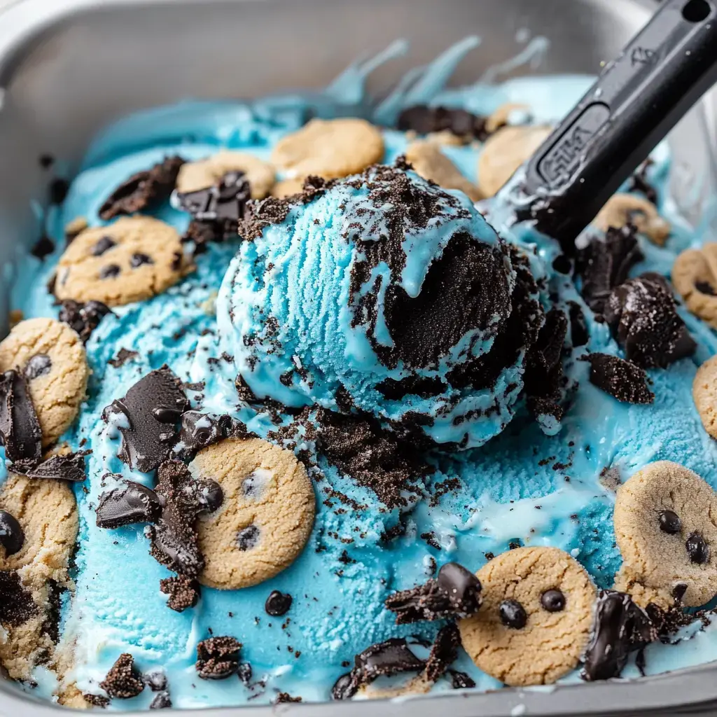 Un gros plan d'un bol de glace bleue garnie de biscuits au chocolat et de morceaux de biscuits et chocolat émiettés.