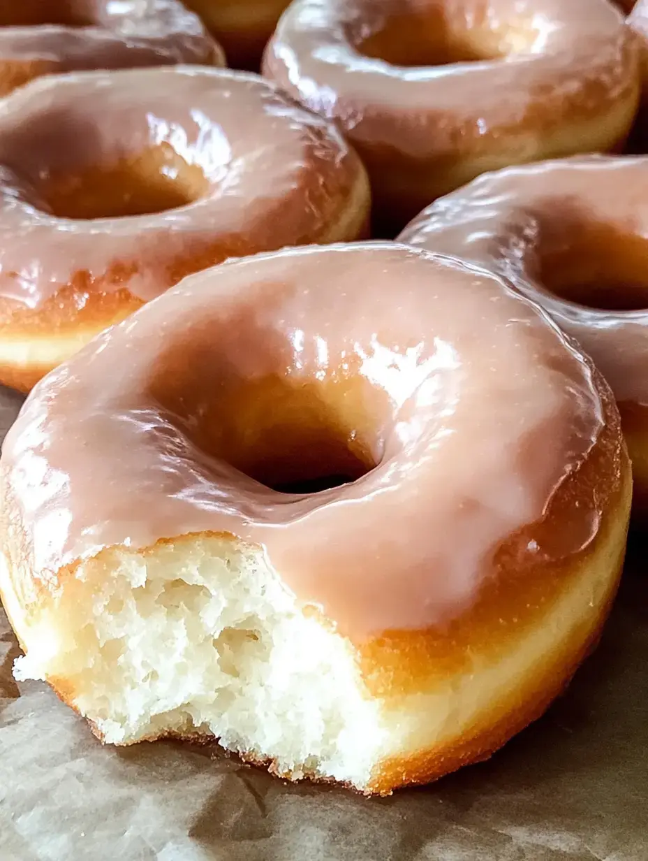 Un donut glacé déjà entamé repose au milieu d'autres donuts nappés.