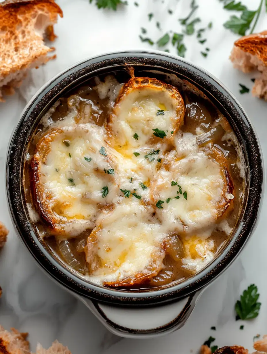 Un bol de soupe à l'oignon gratinée avec du fromage fondu et du pain grillé, entourée de tranches de pain et décorée de persil.