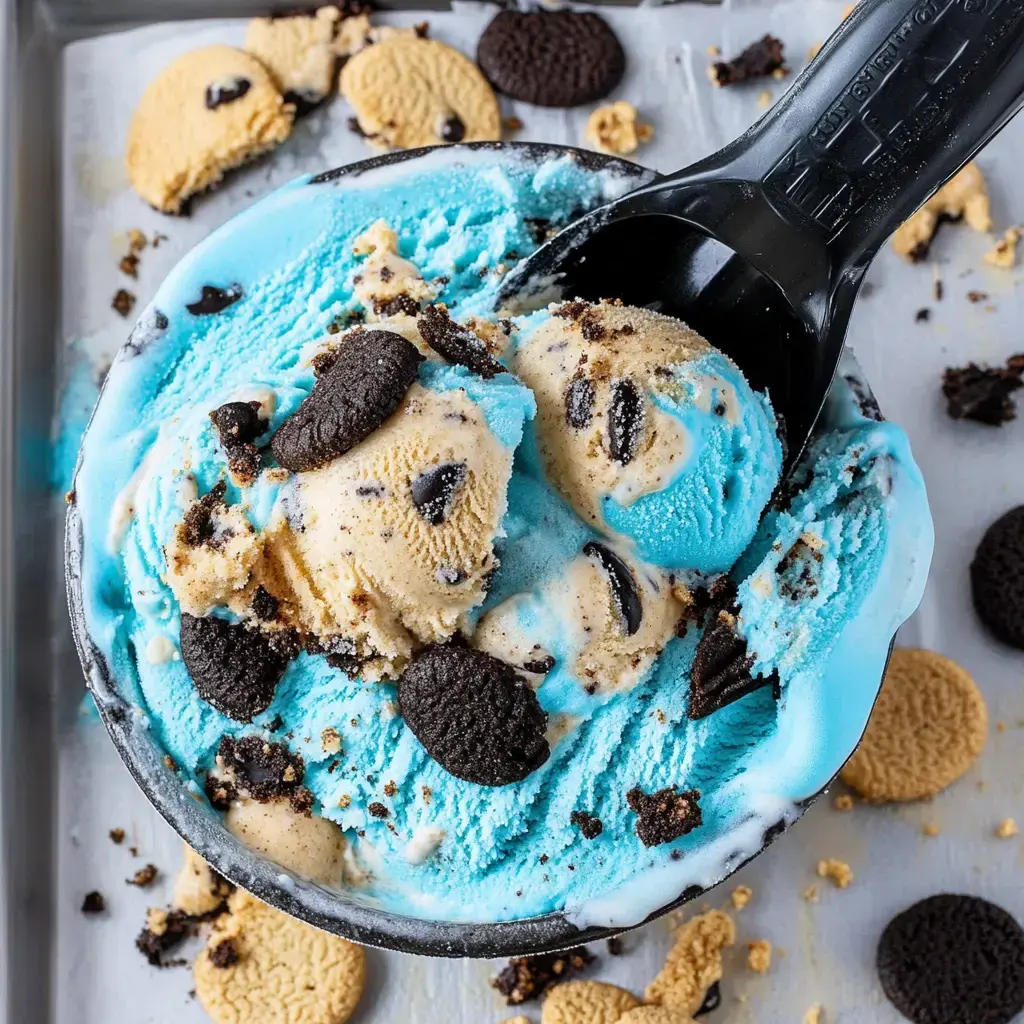 Un gros plan d'un bol de glace bleue et beige mélangée avec des biscuits Oréo écrasés et des morceaux de biscuits, avec une cuillère à glace noire posée dedans.