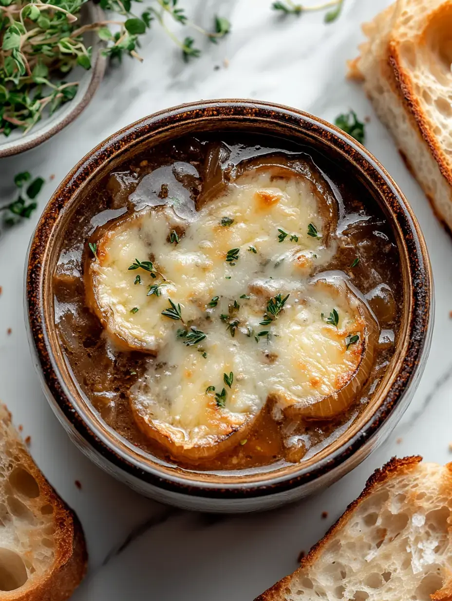 Un bol de soupe à l'oignon gratinée avec du fromage fondu et décorée de thym, accompagnée de tranches de pain croustillant.