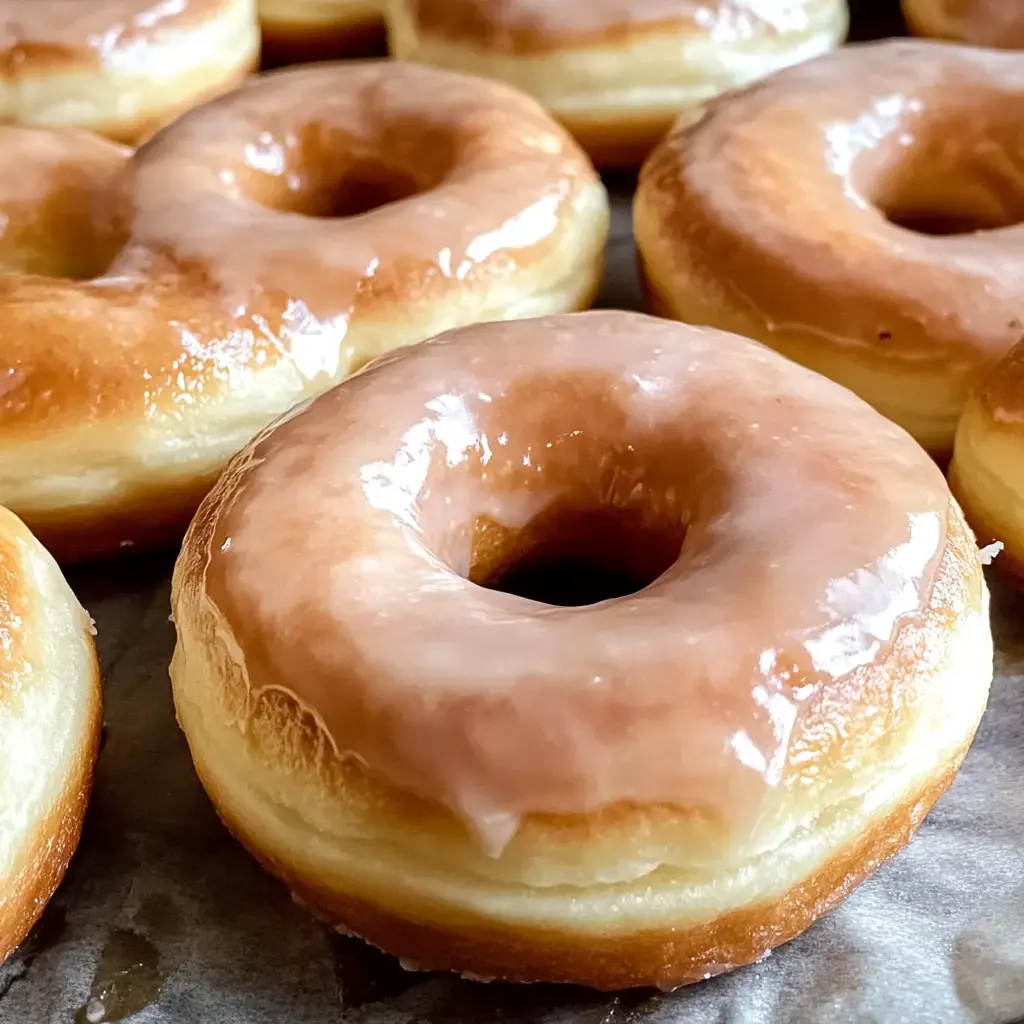 Gros plan sur des donuts lustrés glacés sur du papier cuisson.