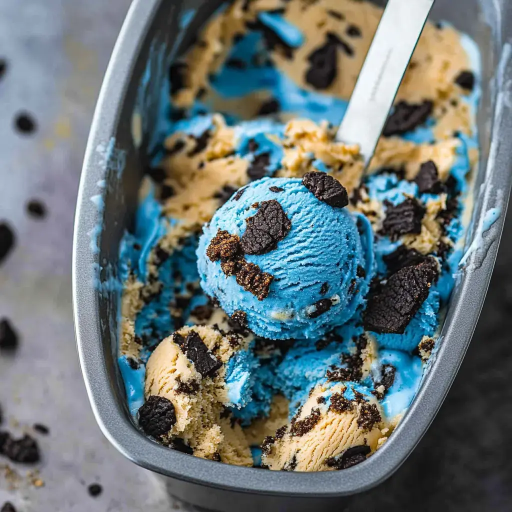 Une boule de glace bleue avec des morceaux de biscuits repose dans un contenant métallique rempli de tourbillons de glace bleue et beige.