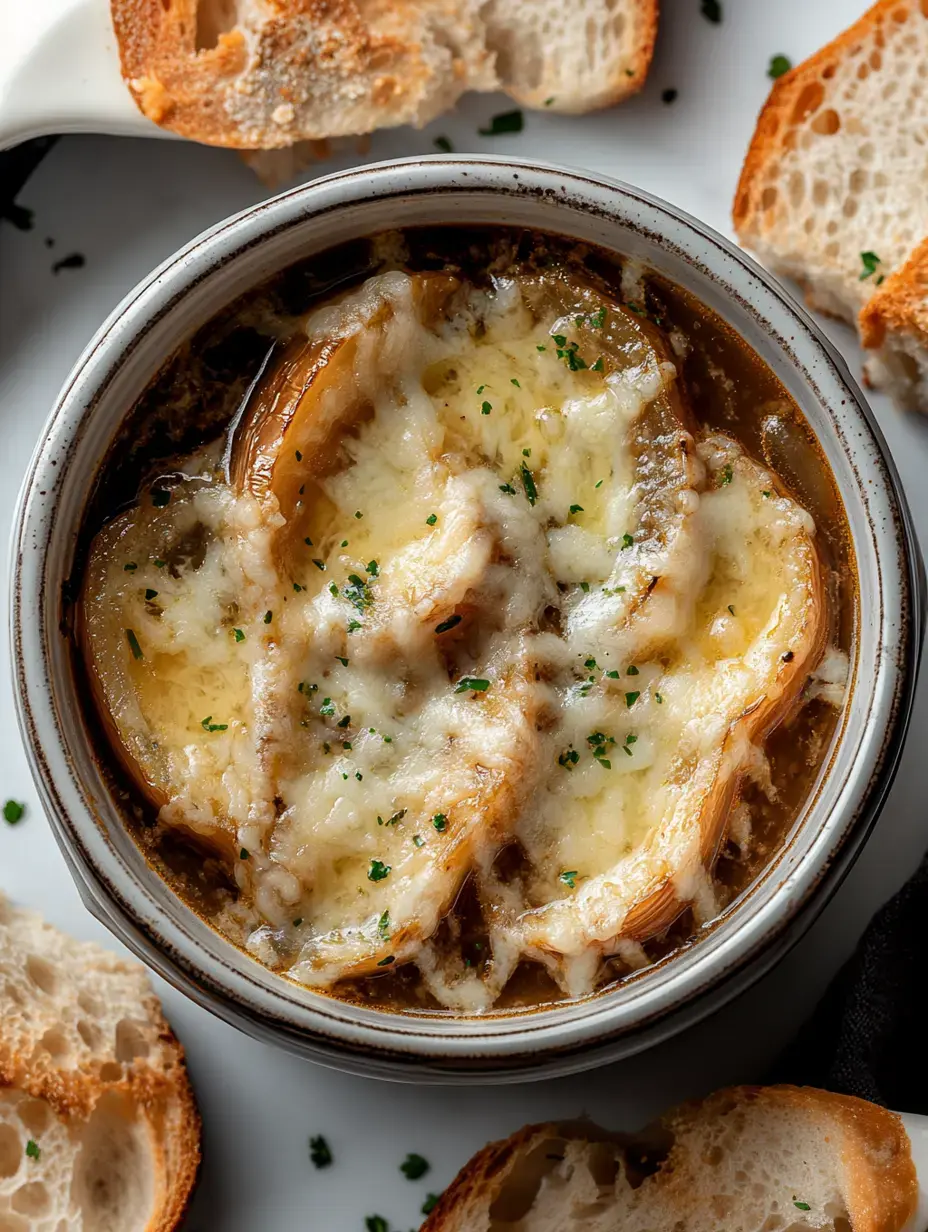 Un bol de soupe à l'oignon gratinée avec du fromage fondu, entourée de tranches de pain grillé.