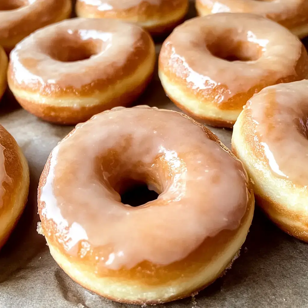 Zoom sur un groupe de donuts glacés mis côte à côte sur une plaque.