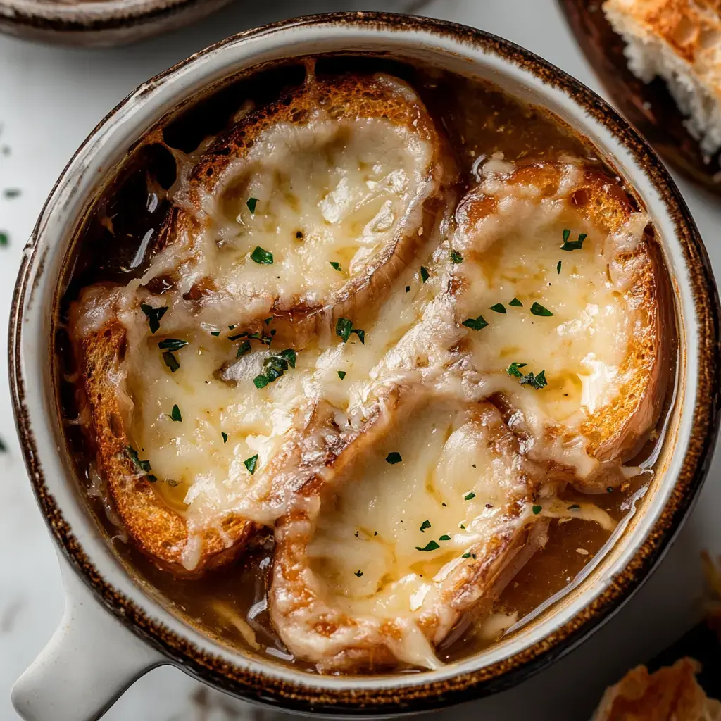 Un bol de soupe à l'oignon gratinée avec du fromage fondu et du pain grillé, garnie de persil.