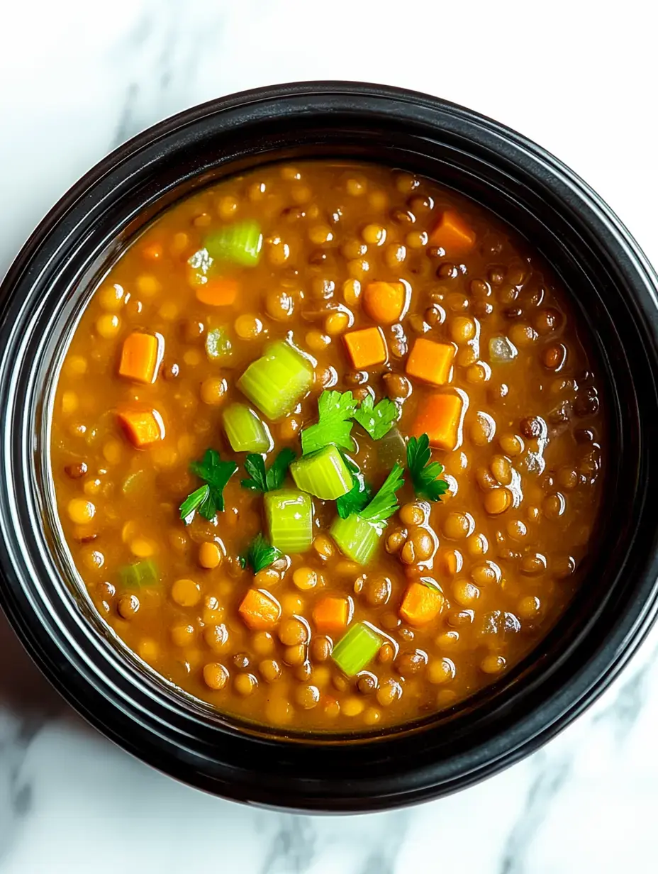 Un bol noir rempli de soupe aux lentilles garnie de carottes, céleri et persil frais.